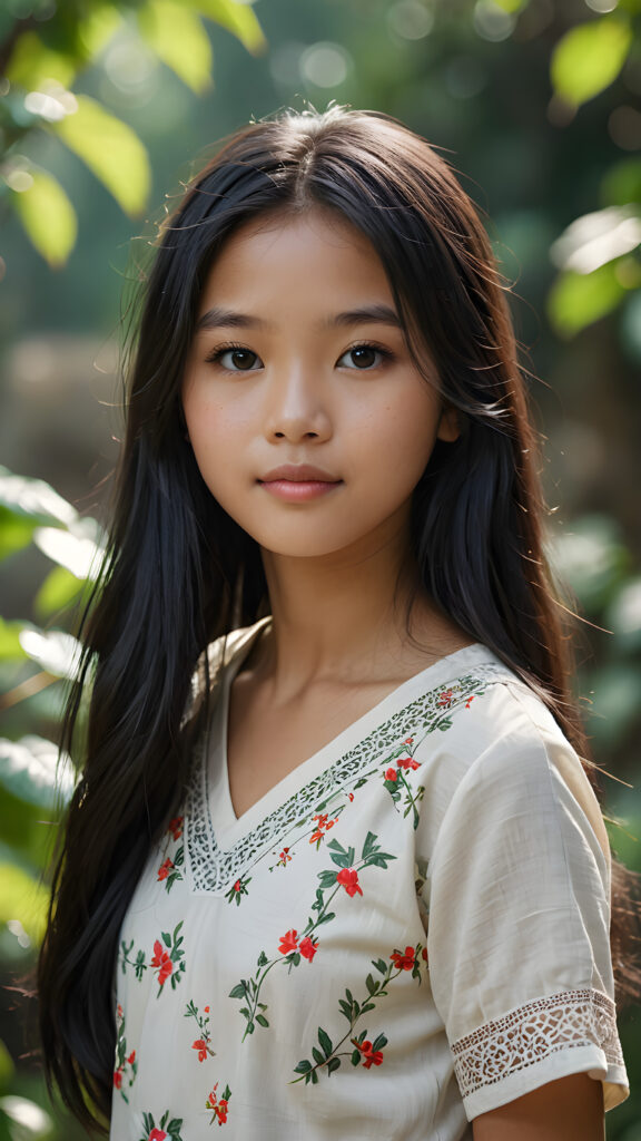 a (((super realistic, detailed portrait))), featuring a (((beautiful young 14 years old Vietnamese girl with long black soft hair))), her gaze softly directed towards the viewer, perfect curved body