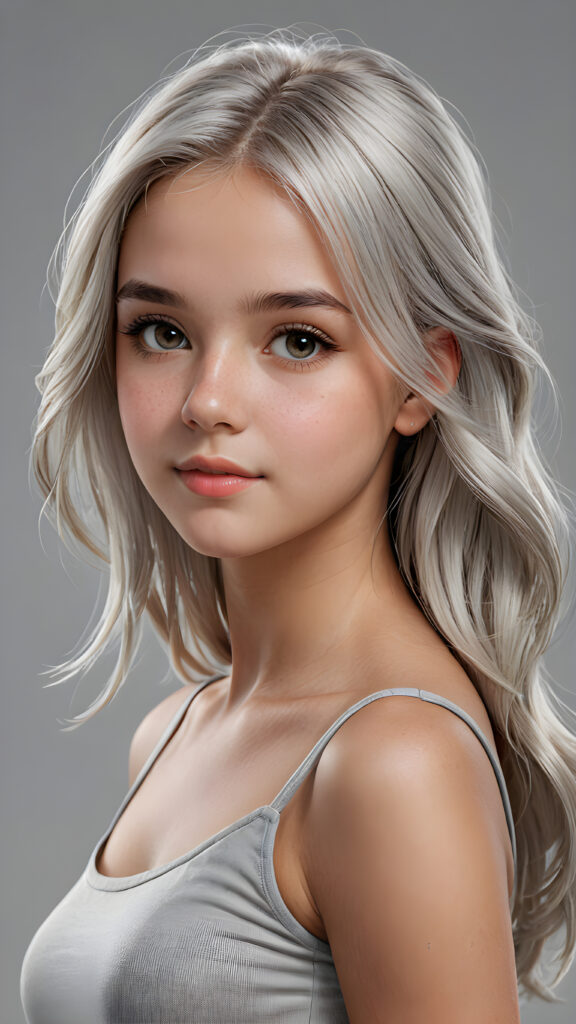 a (((super realistic, 4K-detailed face))) of a (((cute young girl))) with perfectly curved body and straight, long, soft white hair in a (croptop), looking directly at the camera with a (side view) against a (grey background), advanced as a pencil drawing