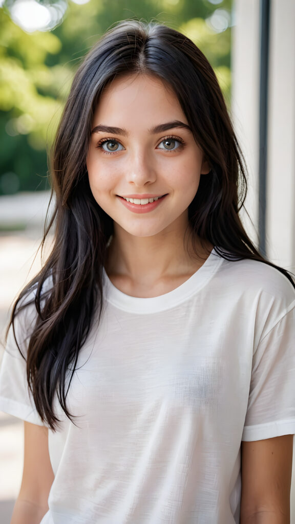 a (((super realistic))) (((detailed portrait))) of a (((beautiful young teen girl))) with (((super soft black long hair))), (((detailed big bright eyes))), and a (((playful smile))), wearing a (((white thin t-shirt))). Her complexion is a (((pale transparent complexion))), and she's posed in a (((relaxed playful pose))), looking sweetly into the camera