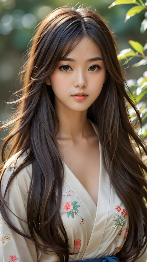 a (((super realistic, detailed portrait))), featuring a (((beautiful young Japanese gir with long, flowing hair))), her gaze softly directed towards the viewer, perfect curved body