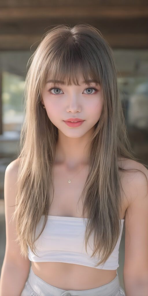 a (((super realistic))), (((high quality 8K image with intricate details))), capturing a (((extremely cute and stunning Asian teen girl) with vivid, long, straight dark blond hair styled in soft bangs, clear and natural eyes reflecting light, a charming smile softly curved, natural-looking lips, perfect for showcasing her beautiful face. She wears a ((white cropped top)) and ((short short jeans)), (((both open to emphasize her perfect legs)), with the sun's rays illuminating her skin, giving it an ethereal glow. (((She wears a single thin ((white) strapless cropped top and ((white jeans)), open to reveal her ((perfect legs).))) The scene is (extremely detailed) and (blurry background) with a ((face-forward pose)) and a ((natural look)) that emphasizes her youthful features. (((She is as realistic as possible, with a slightly flawless complexion and perfectly straight white teeth, all visible in a full-body portrait))).