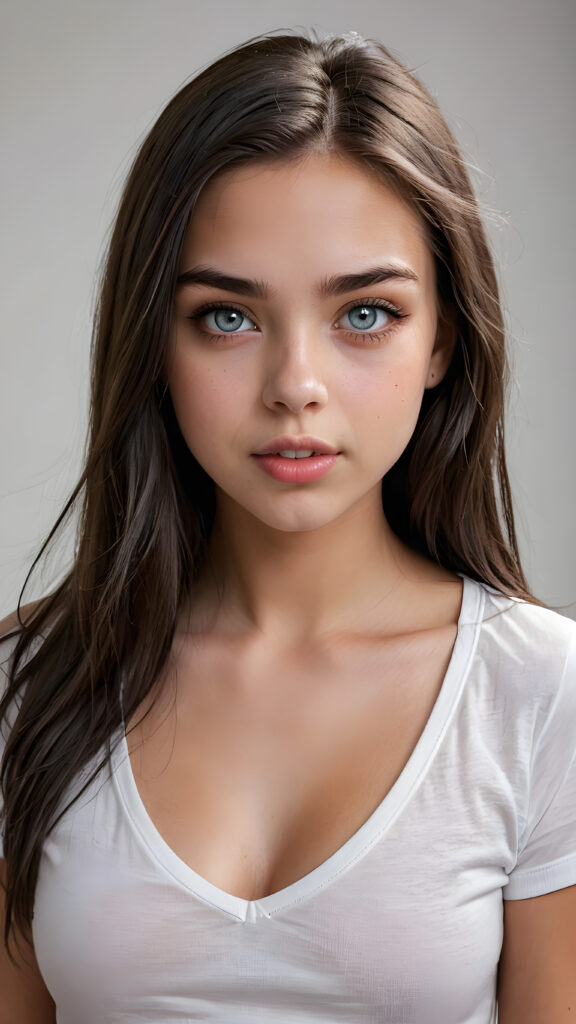 a (((super realistic photo))), captured from a (((young stunning and gorgeous well-busted teen girl)) with long straight obsidian hair, full lips, hyper-realistic eyes with perfectly matching pupils and white irises, a small flawless nose, and perfectly aligned and symmetrical front teeth, dressed in a (short tight white t-shirt with an open v-neck)