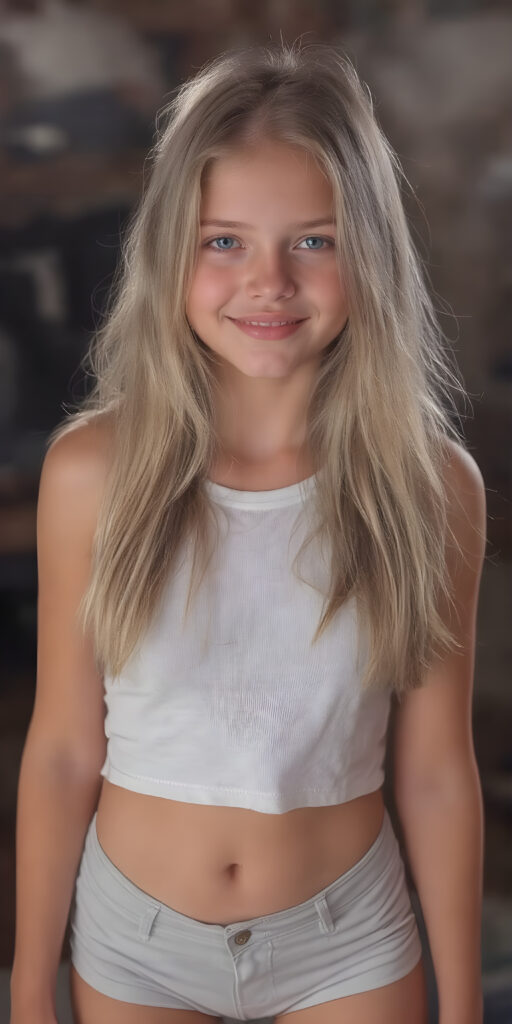 a (((super realistic and exceptionally detailed full-body photograph))), featuring a (((beautifully proportioned young girl) with perfectly straight soft white teeth and luxuriously long, straight, thick, blonde hair), perfectly proportioned lips that are just barely parted, wearing a (white sleeveless short crop top that covers her mid-thigh) and (short shorts) that highlight her (perfectly proportioned thighs). She is looking directly at the camera, with a warm, inviting smile. The scene is backlit with (dynamic lights) that bring out her (natural-toned figure) in a (hyper realistic portrait) reminiscent of classic Hollywood studio lighting, with (high-resolution, cinematic quality) that captures the essence of a (modern teen girl) with an (extremely detailed, hyper realistic skin) and (realistically proportioned limbs) in a (symmetrically composed, wide-angle view) that brings out her (natural beauty)