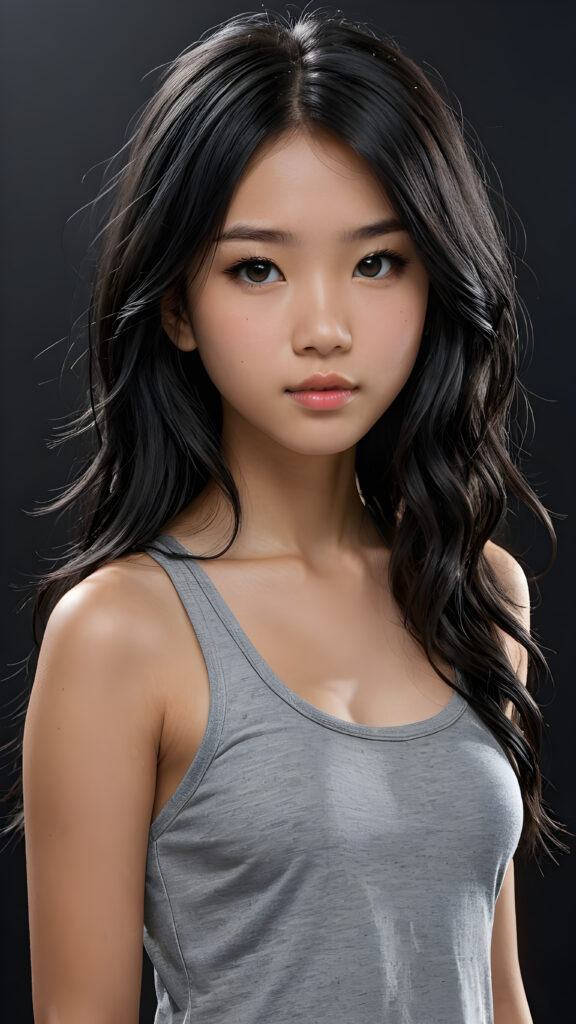 a (((super realistic and highly detailed full-body photo))), capturing a (((beautiful and innocent 13-year-old Asian Emo girl))) with (((very long, thick, wavy black hair))), and (a short, cropped tank top), she stands in a (dark, gloomy setting) with (volumetric lighting) that brings out her (natural features) and (beautiful eyes), set against a (plain, dark backdrop) that focuses on her face, with (black hair) (perfect, accurate anatomy) and (high quality, high detail) that make her a (super-realistic, 3D character)