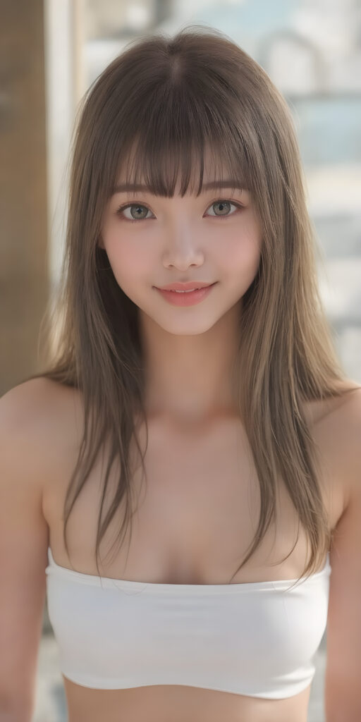 a (((super realistic))), (((high quality 8K image with intricate details))), capturing a (((extremely cute and stunning Asian teen girl) with vivid, long, straight dark blond hair styled in soft bangs, clear and natural eyes reflecting light, a charming smile softly curved, natural-looking lips, perfect for showcasing her beautiful face. She wears a ((white cropped top)) and ((short short jeans)), (((both open to emphasize her perfect legs)), with the sun's rays illuminating her skin, giving it an ethereal glow. (((She wears a single thin ((white) strapless cropped top and ((white jeans)), open to reveal her ((perfect legs).))) The scene is (extremely detailed) and (blurry background) with a ((face-forward pose)) and a ((natural look)) that emphasizes her youthful features. (((She is as realistic as possible, with a slightly flawless complexion and perfectly straight white teeth, all visible in a full-body portrait))).