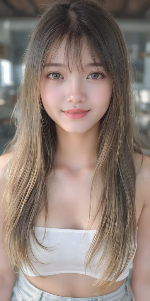 a (((super realistic))), (((high quality 8K image with intricate details))), capturing a (((extremely cute and stunning Asian teen girl) with vivid, long, straight dark blond hair styled in soft bangs, clear and natural eyes reflecting light, a charming smile softly curved, natural-looking lips, perfect for showcasing her beautiful face. She wears a ((white cropped top)) and ((short short jeans)), (((both open to emphasize her perfect legs)), with the sun's rays illuminating her skin, giving it an ethereal glow. (((She wears a single thin ((white) strapless cropped top and ((white jeans)), open to reveal her ((perfect legs).))) The scene is (extremely detailed) and (blurry background) with a ((face-forward pose)) and a ((natural look)) that emphasizes her youthful features. (((She is as realistic as possible, with a slightly flawless complexion and perfectly straight white teeth, all visible in a full-body portrait))).