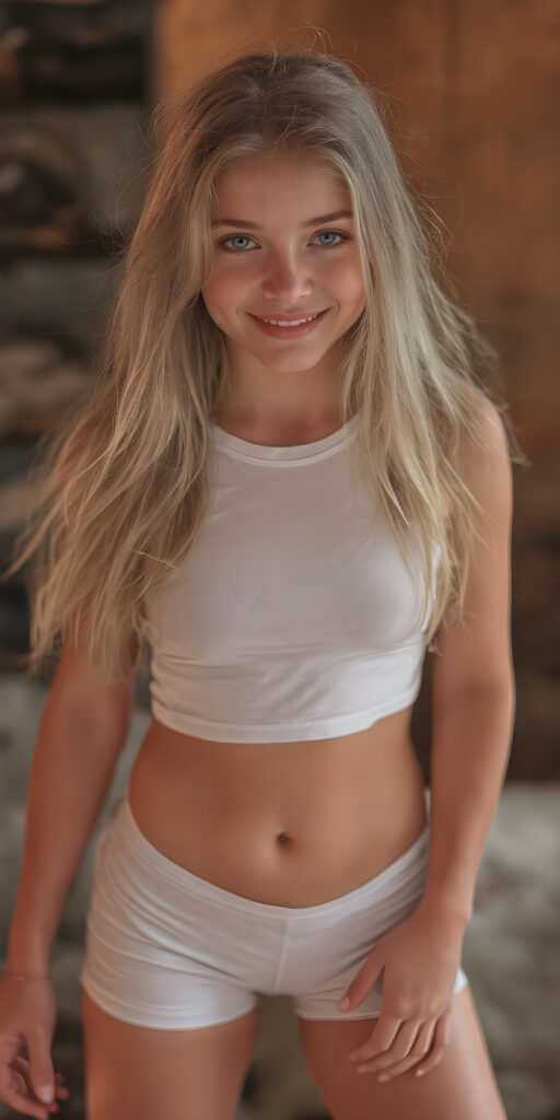 a (((super realistic and exceptionally detailed full-body photograph))), featuring a (((beautifully proportioned young girl) with perfectly straight soft white teeth and luxuriously long, straight, thick, blonde hair), perfectly proportioned lips that are just barely parted, wearing a (white sleeveless short crop top that covers her mid-thigh) and (short shorts) that highlight her (perfectly proportioned thighs). She is looking directly at the camera, with a warm, inviting smile. The scene is backlit with (dynamic lights) that bring out her (natural-toned figure) in a (hyper realistic portrait) reminiscent of classic Hollywood studio lighting, with (high-resolution, cinematic quality) that captures the essence of a (modern teen girl) with an (extremely detailed, hyper realistic skin) and (realistically proportioned limbs) in a (symmetrically composed, wide-angle view) that brings out her (natural beauty)