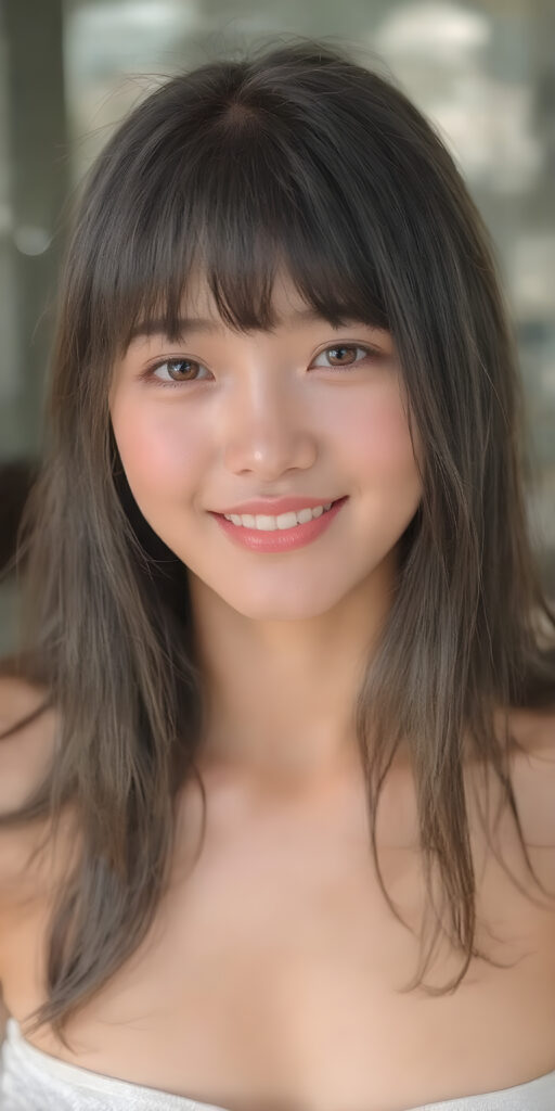 a (((super realistic))), (((high quality 8K image with intricate details))), capturing a (((extremely cute and stunning Asian teen girl) with vivid, long, straight hair styled in soft bangs, clear and natural eyes reflecting light, a charming smile softly curved, natural-looking lips, perfect for showcasing her beautiful face. She wears a ((white cropped top)) and ((short short jeans)), (((both open to emphasize her perfect legs)), with the sun's rays illuminating her skin, giving it an ethereal glow. (((She wears a single thin ((white) strapless cropped top and ((white jeans)), open to reveal her ((perfect legs).))) The scene is (extremely detailed) and (blurry background) with a ((face-forward pose)) and a ((natural look)) that emphasizes her youthful features. (((She is as realistic as possible, with a slightly flawless complexion and perfectly straight white teeth, all visible in a full-body portrait))).