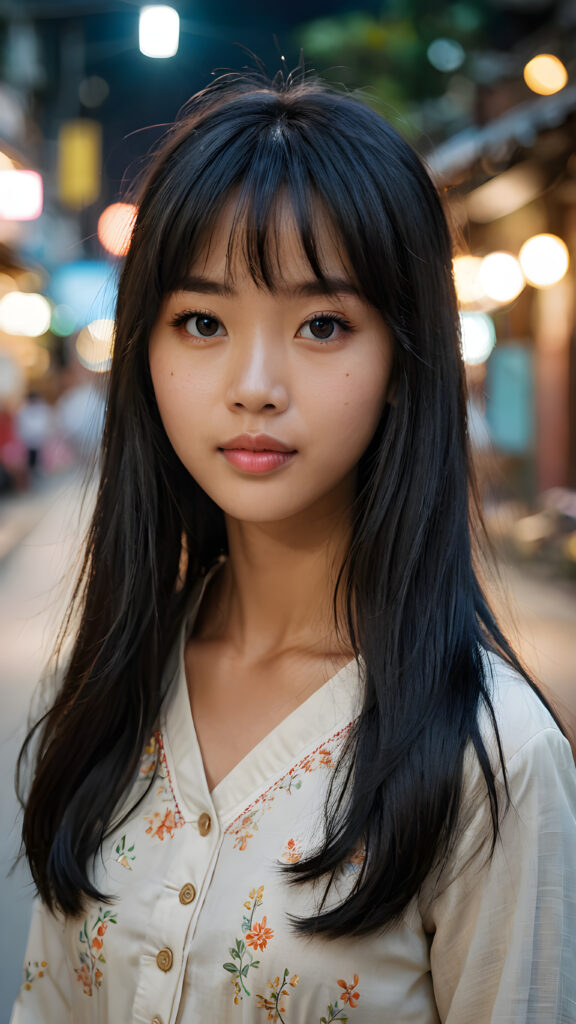 a (((super realistic, detailed portrait))), featuring a (((beautiful young Vietnamese girl with long black soft hair, bangs))), she is thin and poor dressed, her gaze softly directed towards the viewer, perfect curved body