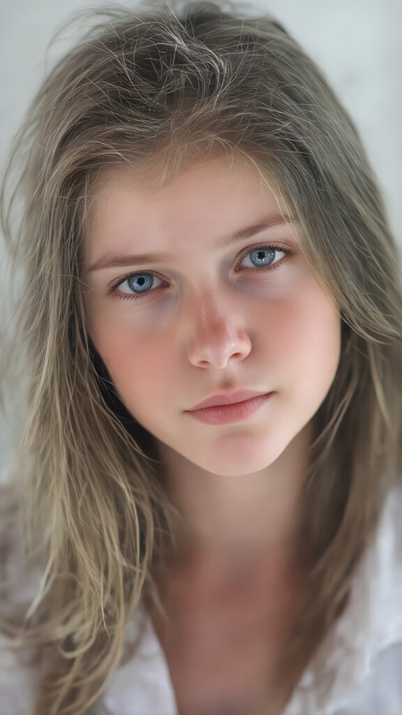 a (((super realistic full body portrait))) with a ((beautiful young girl)) who has (((long, flowing brown hair with intricate details))) that looks sweetly into the camera. Her (((pale white skin almost blends into a soft, light blue complexion))) contrasts beautifully against her natural, untamed beauty. She wears a ((white shirt)), (((low cut))), (((highly detailed and intricately detailed details))), that complements her youthful allure. The shirt has ((small, delicate details)), like a ((diamond pattern)), which adds a touch of sophistication to her ensemble. The overall look is ((natural, outdoorsy)) and perfectly captures her ((untamed beauty))).