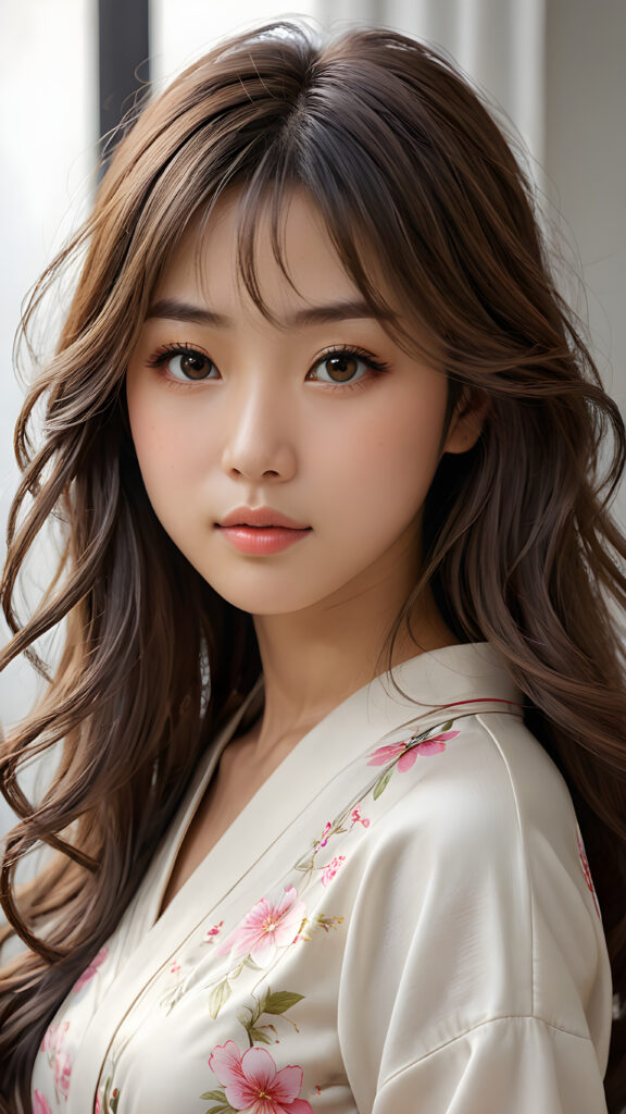 a (((super realistic, detailed portrait))), featuring a (((beautiful young Japanese gir with long, flowing hair))), her gaze softly directed towards the viewer, perfect curved body