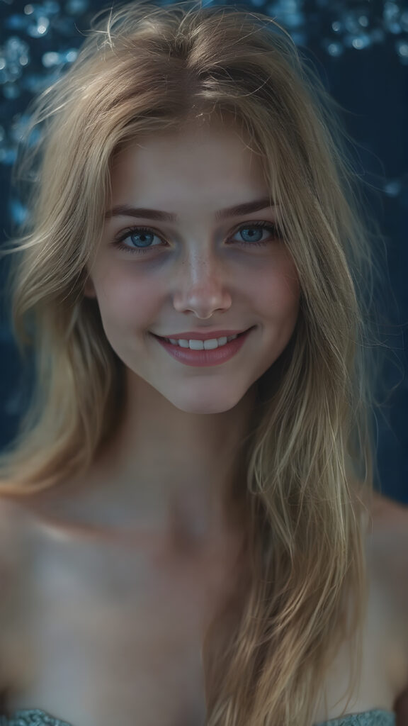 a (((super realistic full body portrait))), with intricate details and perfect proportions, capturing a ((cute teen girl)) with (long, flowing amber hair) and (detailed, brown eyes) that exude (warmth) and (soft, white skin) that blends seamlessly into a (deeply saturated, dark blue background) where the focus is on her upper body and she’s posed with a (warm smile) and perfect white teeth, wearing a (short, sheer, tight tank top) that accentuates her (perfectly proportioned figure) against a (blurry, underwater backdrop) that captures the essence of a (fantastical fantasy) atmosphere