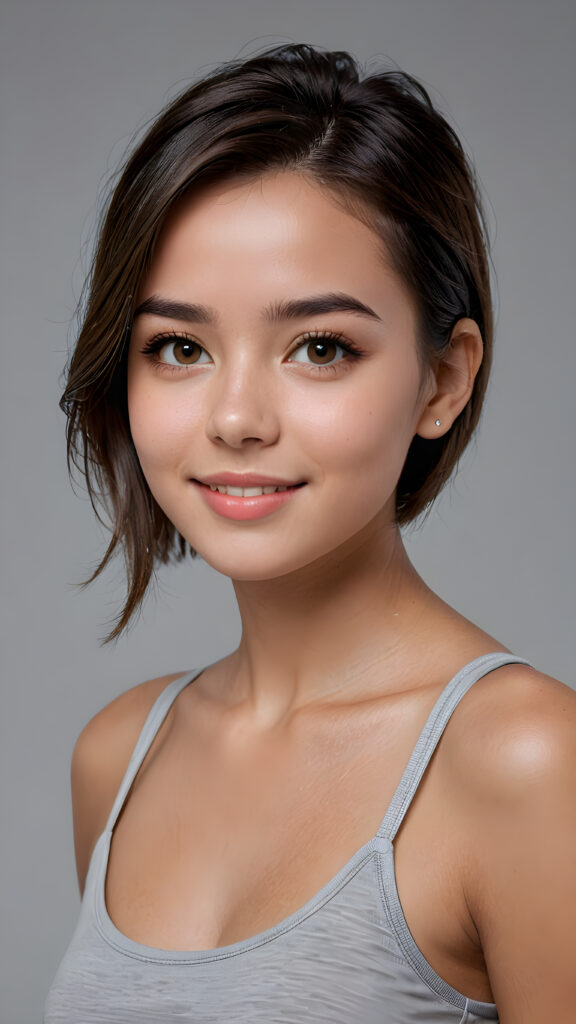 a (((super realistic 4K-detailed face))) with a perfect, slightly curved facial structure and expressive features, set against a softly gray (((background))), facing the camera with short, straight hair and a cute, young girl’s smile, wearing a sleek, minimalist ((straight-shouldered tank top)), in a (side view, advanced perspective)