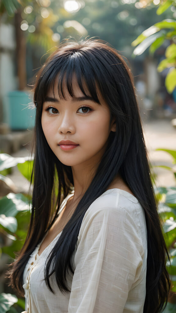 a (((super realistic, detailed portrait))), featuring a (((beautiful young Vietnamese girl with long black soft hair, bangs))), she is thin and poor dressed, her gaze softly directed towards the viewer, perfect curved body