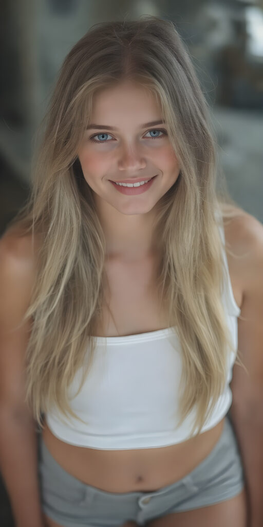 a (((super realistic and exceptionally detailed full-body photograph))), featuring a (((beautifully proportioned young girl) with perfectly straight soft white teeth and luxuriously long, straight, thick, blonde hair), perfectly proportioned lips that are just barely parted, wearing a (white sleeveless short crop top that covers her mid-thigh) and (short shorts) that highlight her (perfectly proportioned thighs). She is looking directly at the camera, with a warm, inviting smile. The scene is backlit with (dynamic lights) that bring out her (natural-toned figure) in a (hyper realistic portrait) reminiscent of classic Hollywood studio lighting, with (high-resolution, cinematic quality) that captures the essence of a (modern teen girl) with an (extremely detailed, hyper realistic skin) and (realistically proportioned limbs) in a (symmetrically composed, wide-angle view) that brings out her (natural beauty)