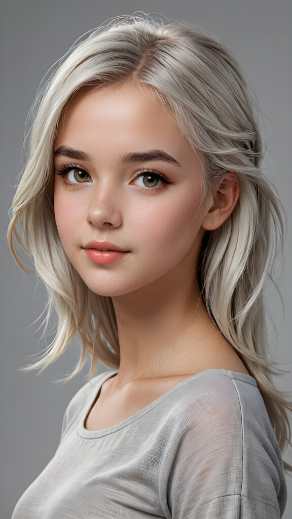 a (((super realistic, 4K-detailed face))) of a (((cute young girl))) with perfectly curved body and straight, long, soft white hair in a (croptop), looking directly at the camera with a (side view) against a (grey background), advanced as a pencil drawing