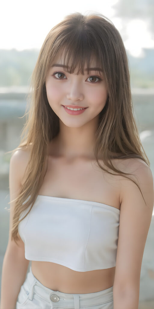 a (((super realistic))), (((high quality 8K image with intricate details))), capturing a (((extremely cute and stunning Asian teen girl) with vivid, long, straight dark blond hair styled in soft bangs, clear and natural eyes reflecting light, a charming smile softly curved, natural-looking lips, perfect for showcasing her beautiful face. She wears a ((white cropped top)) and ((short short jeans)), (((both open to emphasize her perfect legs)), with the sun's rays illuminating her skin, giving it an ethereal glow. (((She wears a single thin ((white) strapless cropped top and ((white jeans)), open to reveal her ((perfect legs).))) The scene is (extremely detailed) and (blurry background) with a ((face-forward pose)) and a ((natural look)) that emphasizes her youthful features. (((She is as realistic as possible, with a slightly flawless complexion and perfectly straight white teeth, all visible in a full-body portrait))).