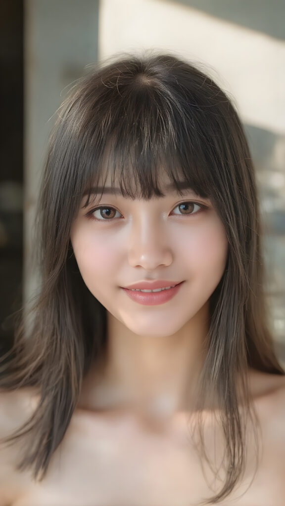 a (((super realistic))), (((high quality 8K image with intricate details))), capturing a (((extremely cute and stunning Asian teen girl) with vivid, long, straight black hair styled in soft bangs, clear and natural eyes reflecting light, a charming smile softly curved, natural-looking kissable lips, perfect for showcasing her beautiful face. She wears a ((white cropped top)), with the sun's rays illuminating her skin, giving it an ethereal glow. (((She wears a single thin ((white) strapless cropped top. The scene is (extremely detailed) with a ((face-forward pose)) and a ((natural look)) that emphasizes her youthful features. (((She is as realistic as possible, with a slightly flawless complexion and perfectly straight white teeth, all visible in a full-body portrait))).