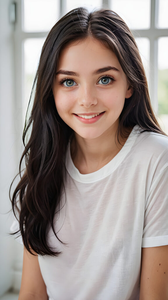 a (((super realistic))) (((detailed portrait))) of a (((beautiful young teen girl))) with (((super soft black long hair))), (((detailed big bright eyes))), and a (((playful smile))), wearing a (((white thin t-shirt))). Her complexion is a (((pale transparent complexion))), and she's posed in a (((relaxed playful pose))), looking sweetly into the camera