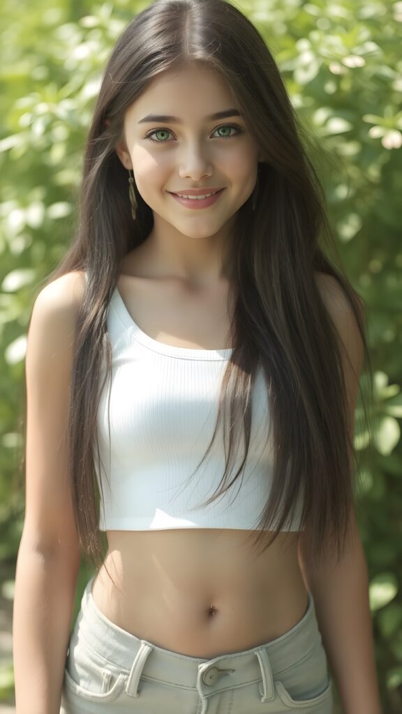 a (((super realistic full body photo))) featuring a (((beautifully proportioned young teen girl))) with luxurious ((long, straight jet hair)) and ((bright green eyes)), dressed in a (((super short, tight white crop top tank top))), show her belly button, which perfectly complements her sleek, with a (sunny green backdrop) that gives off a (fantastical, whimsical vibe). Her smile is both friendly and sophisticated, embodying the essence of a (teen fantasy) summer day