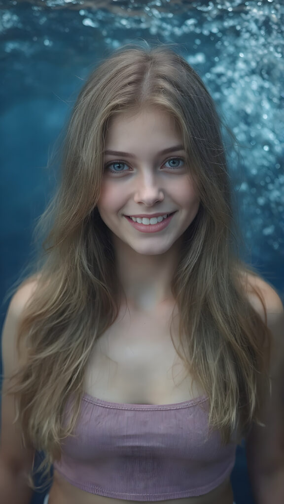 a (((super realistic full body portrait))), with intricate details and perfect proportions, capturing a ((cute teen girl)) with (long, flowing amber hair) and (detailed, brown eyes) that exude (warmth) and (soft, white skin) that blends seamlessly into a (deeply saturated, dark blue background) where the focus is on her upper body and she’s posed with a (warm smile) and perfect white teeth, wearing a (short, sheer, tight tank top) that accentuates her (perfectly proportioned figure) against a (blurry, underwater backdrop) that captures the essence of a (fantastical fantasy) atmosphere