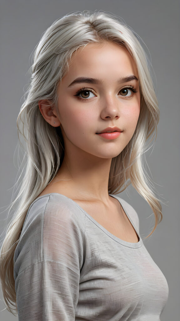 a (((super realistic, 4K-detailed face))) of a (((cute young girl))) with perfectly curved body and straight, long, soft white hair in a (croptop), looking directly at the camera with a (side view) against a (grey background), advanced as a pencil drawing