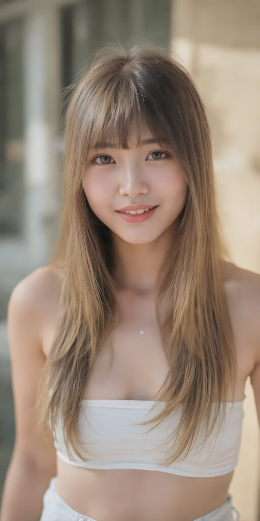 a (((super realistic))), (((high quality 8K image with intricate details))), capturing a (((extremely cute and stunning Asian teen girl) with vivid, long, straight hair styled in soft bangs, clear and natural eyes reflecting light, a charming smile softly curved, natural-looking lips, perfect for showcasing her beautiful face. She wears a ((white cropped top)) and ((short short jeans)), (((both open to emphasize her perfect legs)), with the sun's rays illuminating her skin, giving it an ethereal glow. (((She wears a single thin ((white) strapless cropped top and ((white jeans)), open to reveal her ((perfect legs).))) The scene is (extremely detailed) and (blurry background) with a ((face-forward pose)) and a ((natural look)) that emphasizes her youthful features. (((She is as realistic as possible, with a slightly flawless complexion and perfectly straight white teeth, all visible in a full-body portrait))).