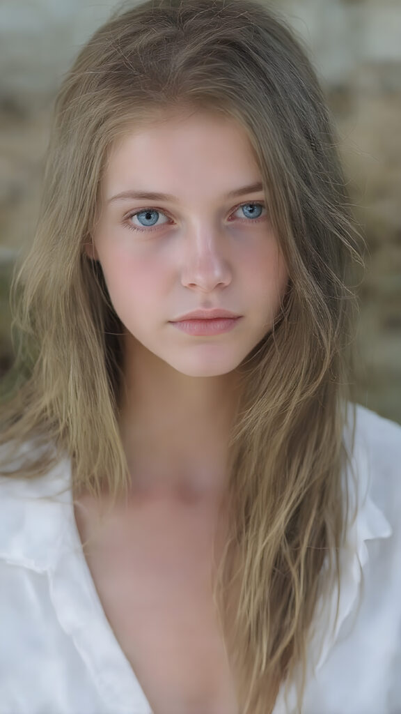 a (((super realistic full body portrait))) with a ((beautiful young girl)) who has (((long, flowing brown hair with intricate details))) that looks sweetly into the camera. Her (((pale white skin almost blends into a soft, light blue complexion))) contrasts beautifully against her natural, untamed beauty. She wears a ((white shirt)), (((low cut))), (((highly detailed and intricately detailed details))), that complements her youthful allure. The shirt has ((small, delicate details)), like a ((diamond pattern)), which adds a touch of sophistication to her ensemble. The overall look is ((natural, outdoorsy)) and perfectly captures her ((untamed beauty))).