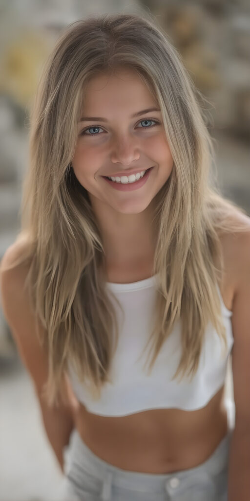 a (((super realistic and exceptionally detailed full-body photograph))), featuring a (((beautifully proportioned young girl) with perfectly straight soft white teeth and luxuriously long, straight, thick, blonde hair), perfectly proportioned lips that are just barely parted, wearing a (white sleeveless short crop top that covers her mid-thigh) and (short shorts) that highlight her (perfectly proportioned thighs). She is looking directly at the camera, with a warm, inviting smile. The scene is backlit with (dynamic lights) that bring out her (natural-toned figure) in a (hyper realistic portrait) reminiscent of classic Hollywood studio lighting, with (high-resolution, cinematic quality) that captures the essence of a (modern teen girl) with an (extremely detailed, hyper realistic skin) and (realistically proportioned limbs) in a (symmetrically composed, wide-angle view) that brings out her (natural beauty)