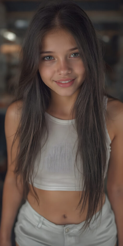 a (((super realistic and exceptionally detailed full-body photograph))), featuring a (((beautifully proportioned young teen girl) with perfectly straight soft white teeth and luxuriously long, straight, thick, black soft hair), perfectly proportioned lips that are just barely parted, wearing a (white sleeveless short crop top that covers her mid-thigh) and (short shorts) that highlight her (perfectly proportioned thighs). She is looking directly at the camera, with a warm, inviting smile. The scene is backlit with (dynamic lights) that bring out her (natural-toned figure) in a (hyper realistic portrait) reminiscent of classic Hollywood studio lighting, with (high-resolution, cinematic quality) that captures the essence of a (modern teen girl) with an (extremely detailed, hyper realistic skin) and (realistically proportioned limbs) in a (symmetrically composed, wide-angle view) that brings out her (natural beauty)