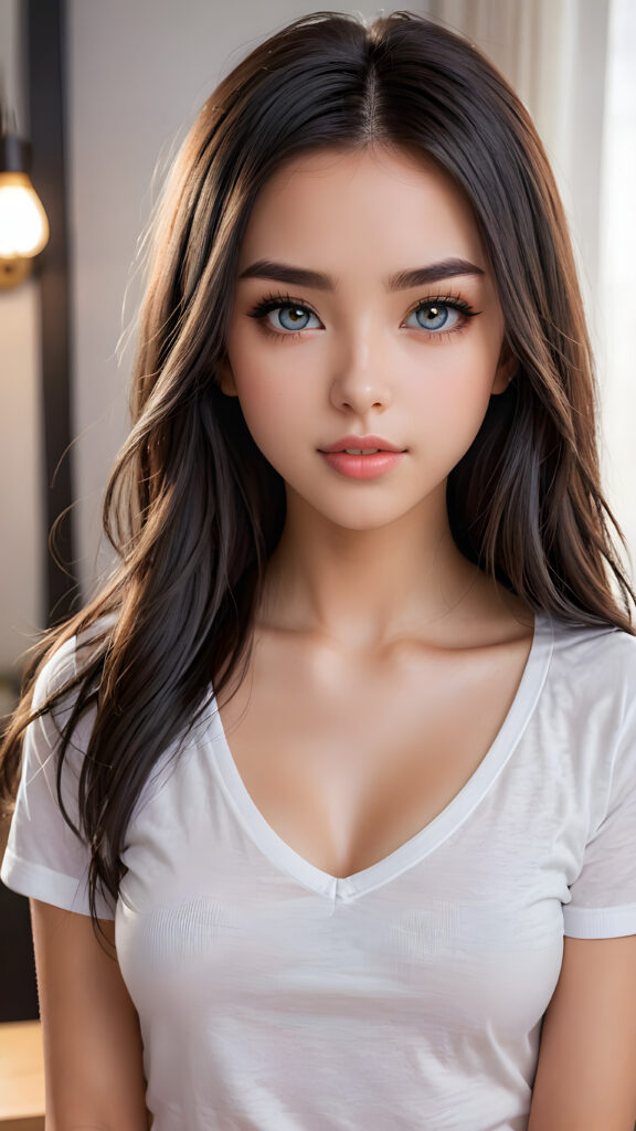 (((anime)) a (((young stunning and gorgeous well-busted teen girl)) with long straight obsidian hair, full lips, hyper-realistic eyes with perfectly matching pupils and white irises, a small flawless nose, and perfectly aligned and symmetrical front teeth, dressed in a (short tight white t-shirt with an open v-neck)