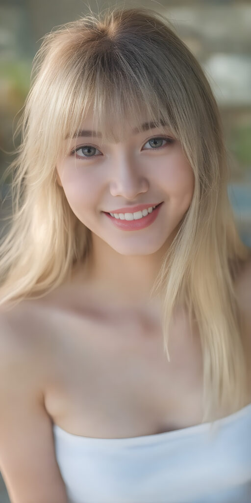 a (((super realistic))), (((high quality 8K image with intricate details))), capturing a (((extremely cute and stunning Asian teen girl) with vivid, long, straight hair styled in soft bangs, clear and natural eyes reflecting light, a charming smile softly curved, natural-looking lips, perfect for showcasing her beautiful face. She wears a ((white cropped top)) and ((short short jeans)), (((both open to emphasize her perfect legs)), with the sun's rays illuminating her skin, giving it an ethereal glow. (((She wears a single thin ((white) strapless cropped top and ((white jeans)), open to reveal her ((perfect legs).))) The scene is (extremely detailed) and (blurry background) with a ((face-forward pose)) and a ((natural look)) that emphasizes her youthful features. (((She is as realistic as possible, with a slightly flawless complexion and perfectly straight white teeth, all visible in a full-body portrait))).