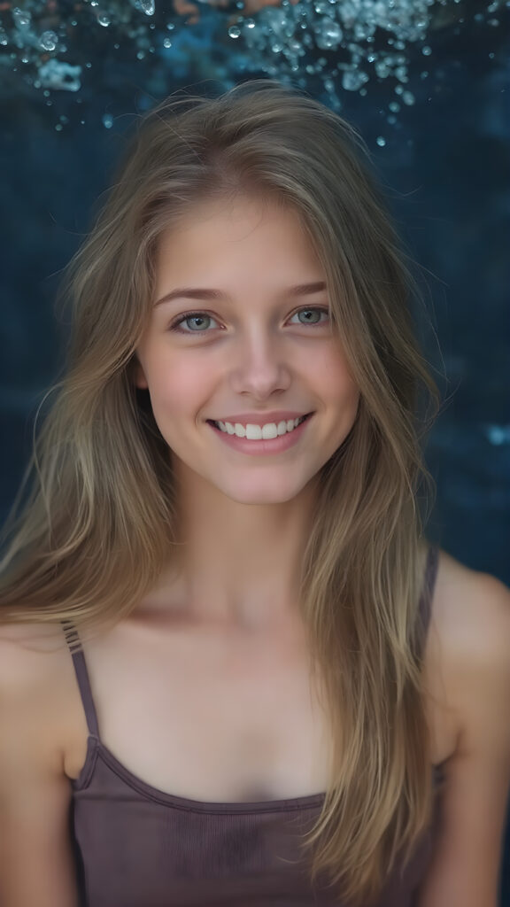 a (((super realistic full body portrait))), with intricate details and perfect proportions, capturing a ((cute teen girl)) with (long, flowing amber hair) and (detailed, brown eyes) that exude (warmth) and (soft, white skin) that blends seamlessly into a (deeply saturated, dark blue background) where the focus is on her upper body and she’s posed with a (warm smile) and perfect white teeth, wearing a (short, sheer, tight tank top) that accentuates her (perfectly proportioned figure) against a (blurry, underwater backdrop) that captures the essence of a (fantastical fantasy) atmosphere