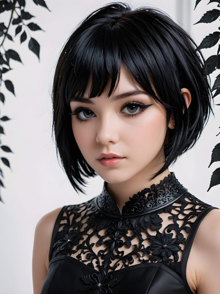 a (((super realistic, highly detailed, intricate photography))), capturing a (((beautiful young teen Emo girl))) with an extremely defined and detailed face, including (((perfect, detailed obsidian black short hair, bangs))), intense eye shadow, and a (short, detailed black dress) with (sharply contrasting, luxurious black and white details), paired with (distinctively shaped, vividly hued glass heels) and a (modern, minimalist white backdrop) for a (close-up, detailed portrait) that exudes an (ominous, seductive aura), accented by (subtle yet intricate gothic details) like (dark, twisted foliage) and (ethereal, shimmering glowing particles) that imbue a sense of mystery and magic