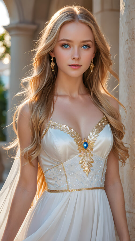 a (((super realistic and highly detailed full-body portrait))), featuring a (((beautiful young girl with long, flowing gold hair and blue eyes))), looking sweetly into the camera, ((wearing a white long dress and gold jewelry)), with a romantic, dreamy glow softly illuminating her skin. Pink crystal accents, with a highly detailed, 8K advanced render, romantic, dreamy