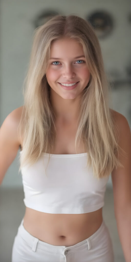 a (((super realistic and exceptionally detailed full-body photograph))), featuring a (((beautifully proportioned young girl) with perfectly straight soft white teeth and luxuriously long, straight, thick, blonde hair), perfectly proportioned lips that are just barely parted, wearing a (white sleeveless short crop top that covers her mid-thigh) and (short shorts) that highlight her (perfectly proportioned thighs). She is looking directly at the camera, with a warm, inviting smile. The scene is backlit with (dynamic lights) that bring out her (natural-toned figure) in a (hyper realistic portrait) reminiscent of classic Hollywood studio lighting, with (high-resolution, cinematic quality) that captures the essence of a (modern teen girl) with an (extremely detailed, hyper realistic skin) and (realistically proportioned limbs) in a (symmetrically composed, wide-angle view) that brings out her (natural beauty)