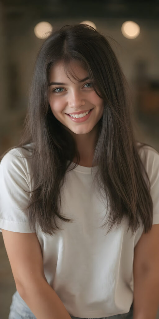 a (super realistic and exceptionally detailed full-body photograph), featuring a (beautifully proportioned young teen girl) with perfectly straight soft white teeth and luxuriously long, straight, thick, black soft hair), perfectly proportioned lips that are just barely parted, wearing a (white short t-shirt) that highlight her (perfectly proportioned thighs). She is looking directly at the camera, with a warm, inviting smile. The scene is backlit with (dynamic lights) that bring out her (natural-toned figure) in a (hyper realistic portrait) reminiscent of classic Hollywood studio lighting, with (high-resolution, cinematic quality) that captures the essence of a (modern teen girl) with an (extremely detailed, hyper realistic skin) and (realistically proportioned limbs) in a (symmetrically composed, wide-angle view) that brings out her (natural beauty)