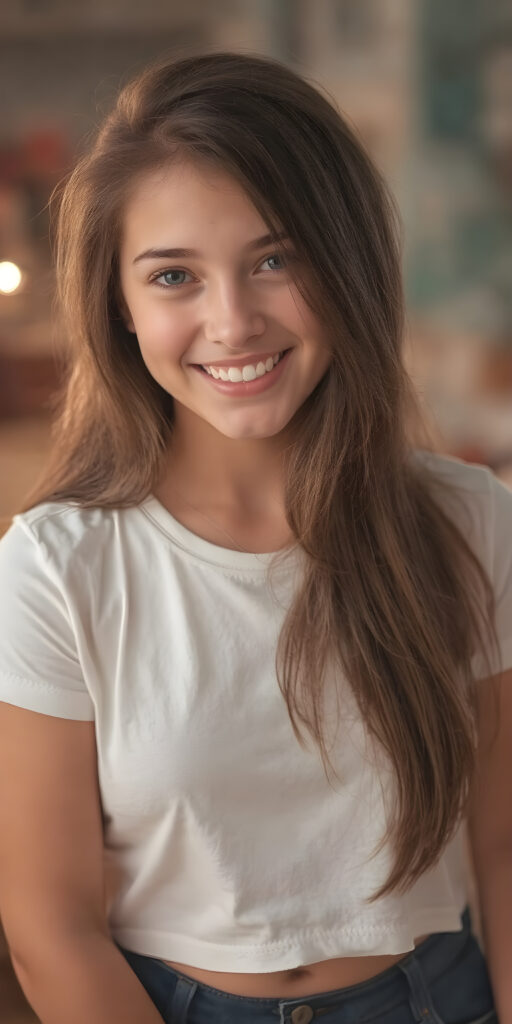 a (super realistic and exceptionally detailed full-body photograph), featuring a (beautifully proportioned young teen girl) with perfectly straight soft white teeth and luxuriously long, straight, thick, black soft hair), perfectly proportioned lips that are just barely parted, wearing a (white short t-shirt) that highlight her (perfectly proportioned thighs). She is looking directly at the camera, with a warm, inviting smile. The scene is backlit with (dynamic lights) that bring out her (natural-toned figure) in a (hyper realistic portrait) reminiscent of classic Hollywood studio lighting, with (high-resolution, cinematic quality) that captures the essence of a (modern teen girl) with an (extremely detailed, hyper realistic skin) and (realistically proportioned limbs) in a (symmetrically composed, wide-angle view) that brings out her (natural beauty)