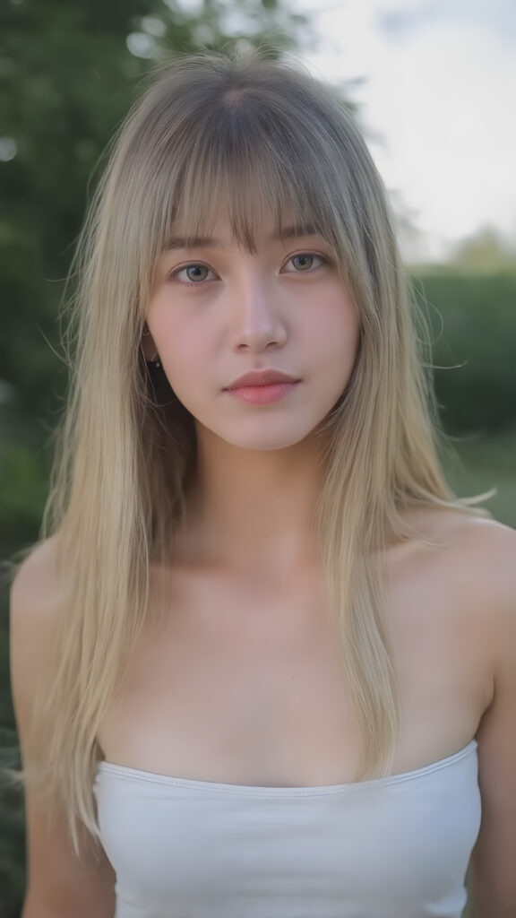 a super realistic upper body portrait, detailed face, perfect curved body, cute teen girl, long blonde straight soft hair, Korean styled bangs, wear only a white short tight crop tank top, looks at the camera, perfect body, portrait shot, natural backdrop