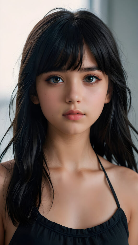 a super realistic and detailed portrait from a beautiful and innocent teen girl, 13 years old, against a plain backdrop, full body, character design, with long soft black hair and bangs, short cropped halter, full lips, big eyes, gloomy and eerie, volumetric light