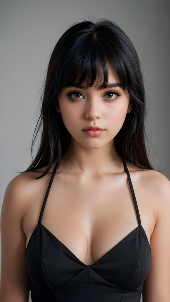 a super realistic and detailed portrait from a beautiful and innocent busty teen girl, against a plain backdrop, full body, character design, with long soft black hair and bangs, short cropped halter, full lips, big eyes, gloomy and eerie, volumetric light