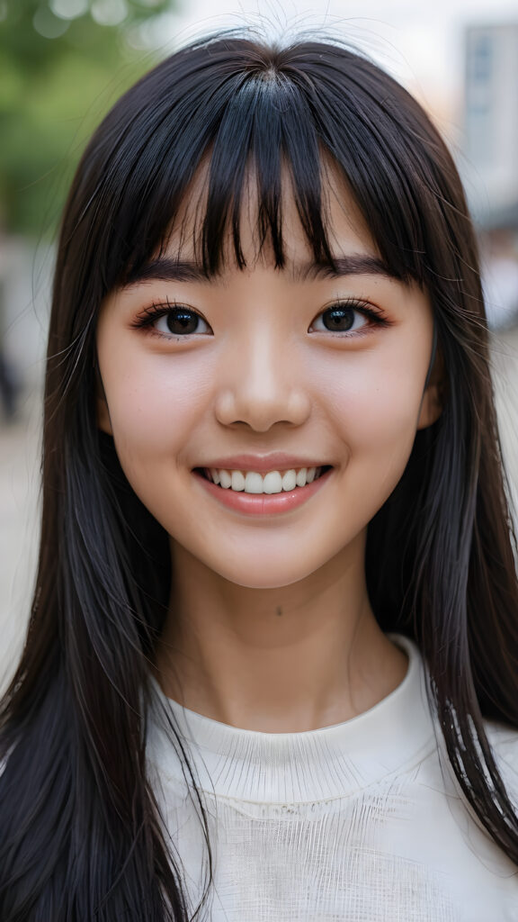 a super realistic, highly detailed, ((portrait from a young and petite Korean girl)), ((realistic eyes)), ((matching eyes)), ((perfect teeth)), ((with long soft straight black hair, bangs cut)), ((not too long)), ((not too short)), ((bright smile)), ((((perfect eyes)))))