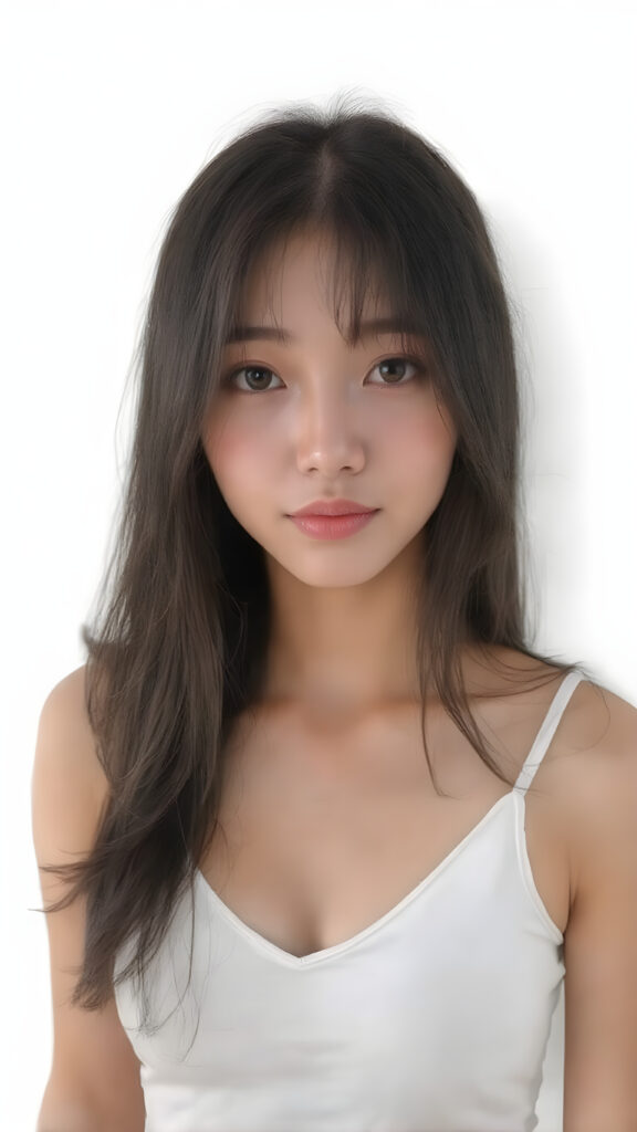 a super realistic upper body portrait, detailed face, perfect curved body, cute Asian teen girl, long obsidian black straight soft hair, Korean styled bangs, wear only a white short tight crop tank top with deep v-neck, perfect curved body, looks at the camera, perfect body, portrait shot, white background, perfect light an shadows