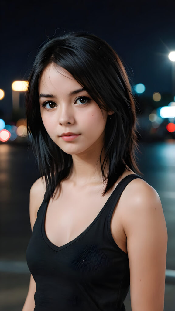 a super realistic and detailed photo from a young gorgeous stunning Emo girl in an plain black tank top, 13 years old, deep v-neck, long soft obsidian black straight hair that frame her round face, full lips, night in backdrop