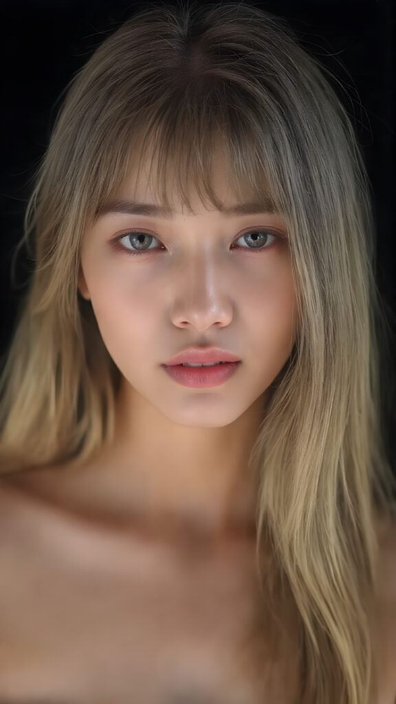 a super realistic upper body portrait, detailed face, perfect curved body, cute Asian teen girl, long blonde straight soft hair, Korean styled bangs, wear only a white short tight crop tank top, looks at the camera, perfect body, portrait shot, black background, perfect light an shadows