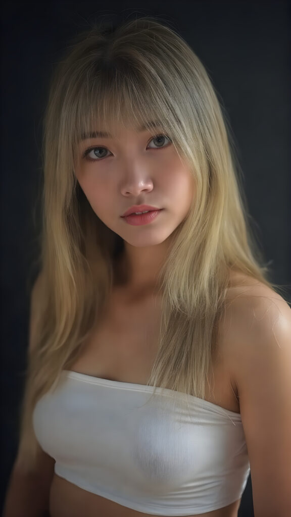 a super realistic upper body portrait, detailed face, perfect curved body, cute Asian teen girl, long blonde straight soft hair, Korean styled bangs, wear only a white short tight crop tank top, looks at the camera, perfect body, portrait shot, black background, perfect light an shadows