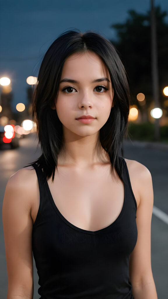 a super realistic and detailed photo from a young gorgeous stunning Emo girl in an plain black tank top, 13 years old, deep v-neck, long soft obsidian black straight hair that frame her round face, full lips, night in backdrop