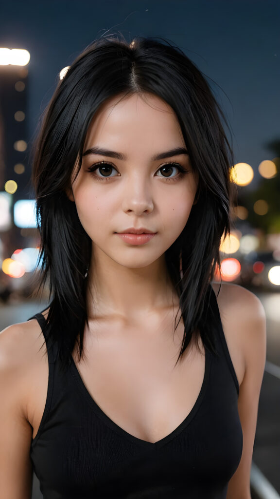 a super realistic and detailed photo from a young gorgeous stunning Emo girl in an plain black tank top, deep v-neck, long soft obsidian black straight hair that frame her round face, full lips, night in backdrop