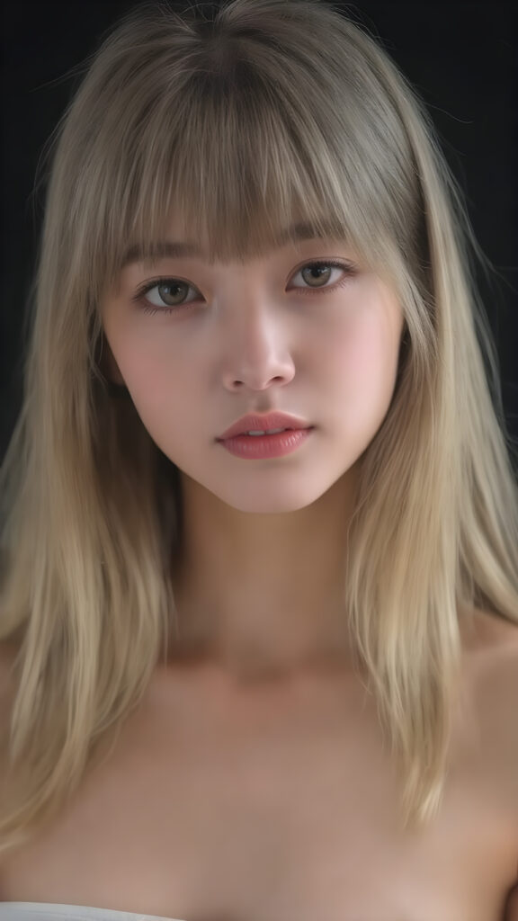 a super realistic upper body portrait, detailed face, perfect curved body, cute Asian teen girl, long blonde straight soft hair, Korean styled bangs, wear only a white short tight crop tank top, looks at the camera, perfect body, portrait shot, black background, perfect light an shadows