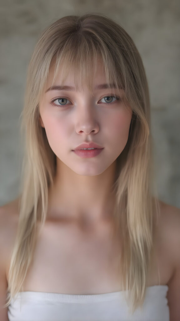 a super realistic upper body portrait, detailed face, perfect curved body, cute teen girl, long blonde straight soft hair, Korean styled bangs, wear only a white short tight crop tank top, looks at the camera, perfect body, portrait shot, natural backdrop